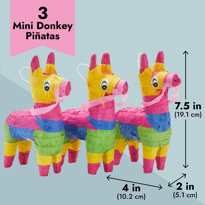 Juvale Mini Donkey Pinata - 3 Pack Small Mexican Pinatas for Cinco de Mayo, Mexican Fiestas, Birthday Parties (4 x 7.5 x 2 In)