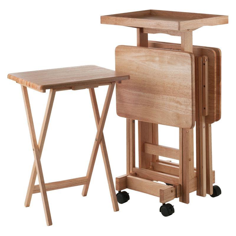 6pc Snack Table Set - Natural - Winsome: Hardwood Construction, Foldable with Wheeled Storage Frame