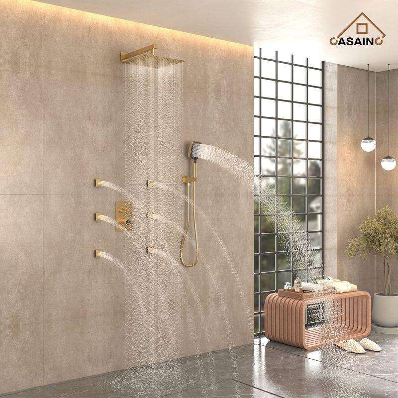 Revitalize 3-Function 12 Inch Wall Mount Rainfall Thermostatic Shower System with 6 Body Jets