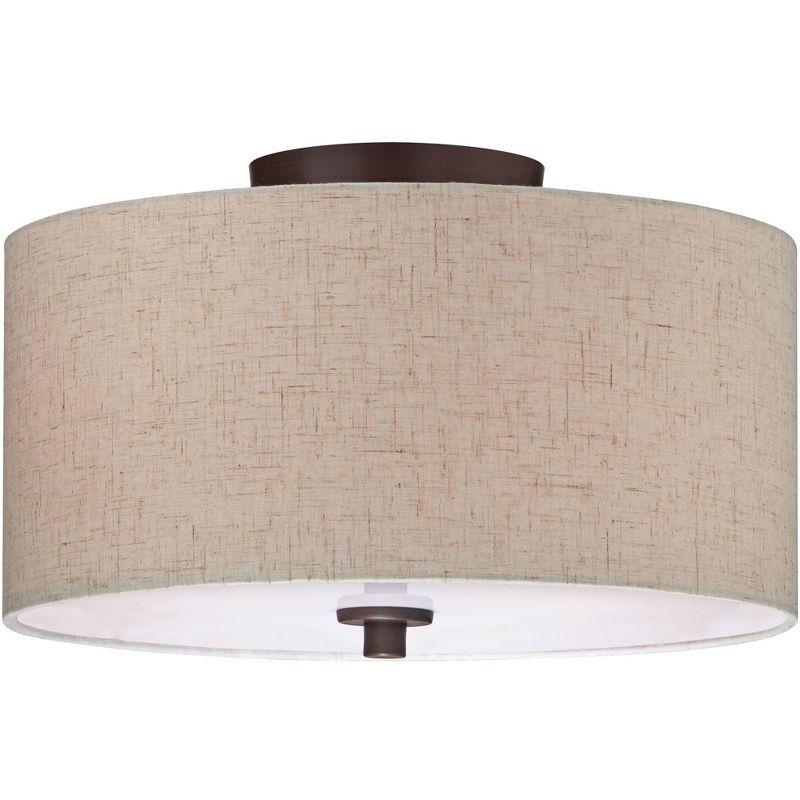 Regency Hill Sylvan Modern Ceiling Light Semi Flush Mount Fixture 14" Wide Bronze 3-Light Oatmeal Fabric Drum Shade for Bedroom Kitchen Living Room