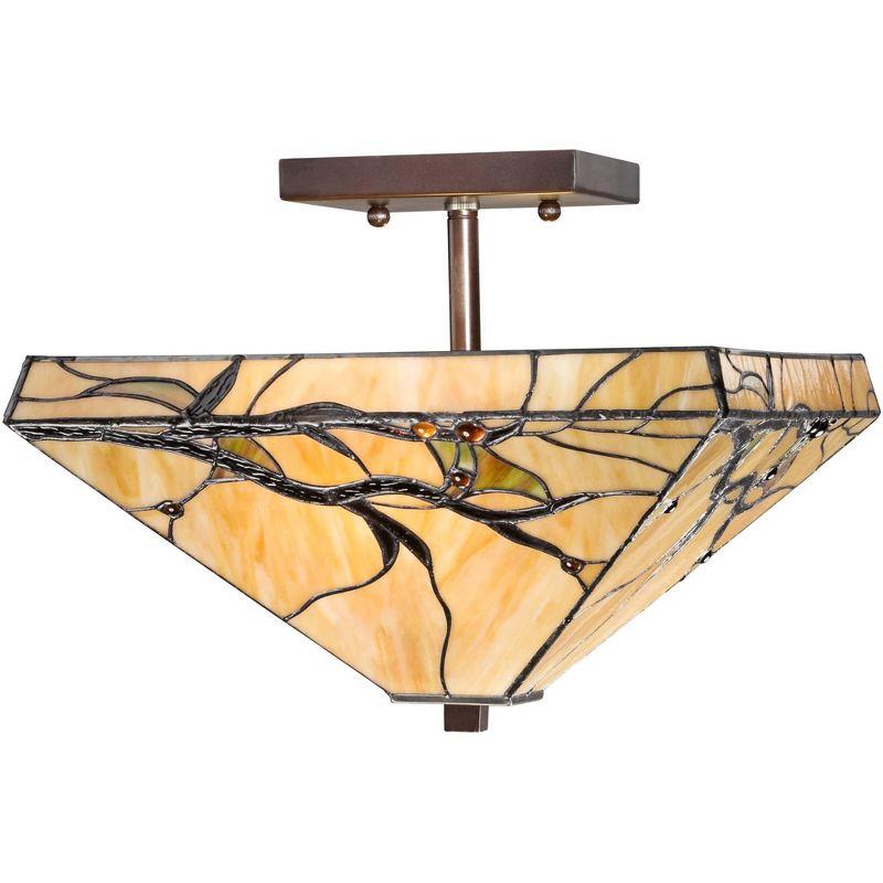 Robert Louis Tiffany Mission Rustic Ceiling Light Semi Flush Mount Fixture 14" Wide Bronze 2-Light Budding Branch Art Glass Shade for Bedroom Kitchen