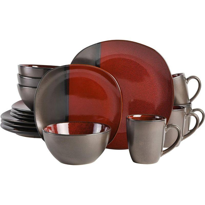 Gibson Elite Red and Gray Ceramic Square Dinnerware Set, Service for 4