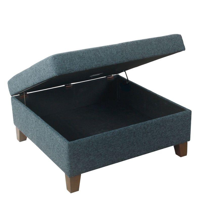 Navy Textured Fabric Square Storage Ottoman with Walnut Legs