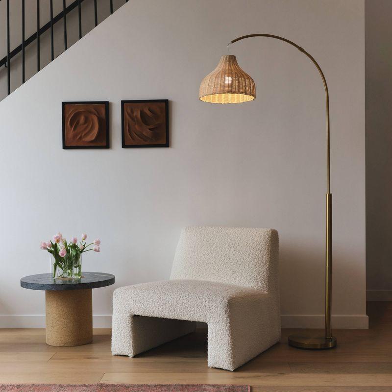 75" Brass Arc Floor Lamp with Rattan Shade