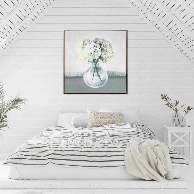 Hydrangea in Vase Watercolor Print on Gold Floating Canvas Framed Wall Art