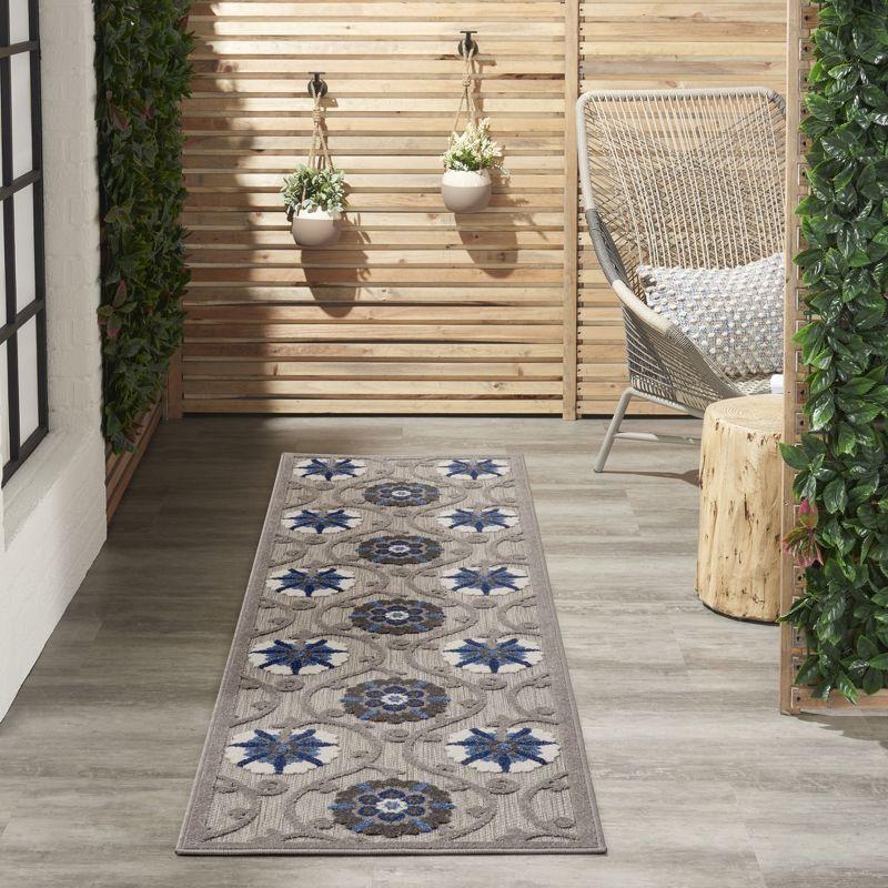 Nourison Aloha Contemporary Floral Flatweave High-Low Indoor Outdoor Runner Rug Grey/Blue 2'3" x 8'