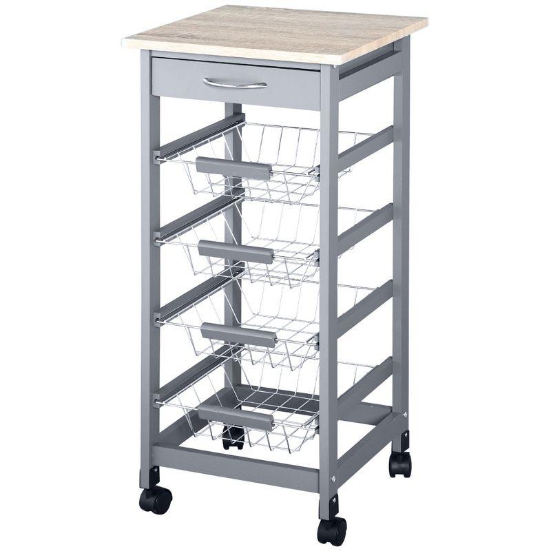 HOMCOM 32.25" Wooden Rolling Kitchen Storage Cart, Trolley Cart on 360° Swivel Wheels with Storage Drawer, Gray