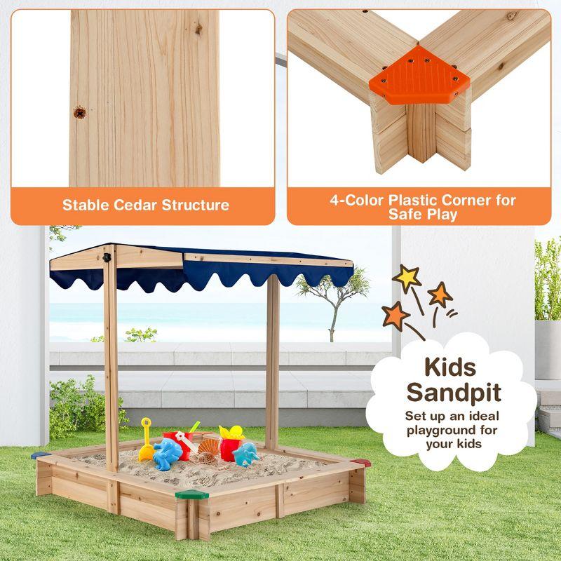 Costway Kids Wooden Sandbox with Height Adjustable & Rotatable Canopy Outdoor Playset