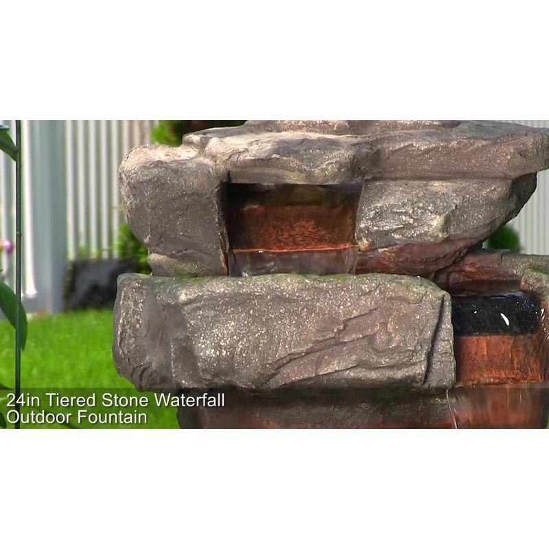 Sunnydaze 24"H Electric Polyresin and Fiberglass Tiered Stone Waterfall Outdoor Water Fountain with LED Lights