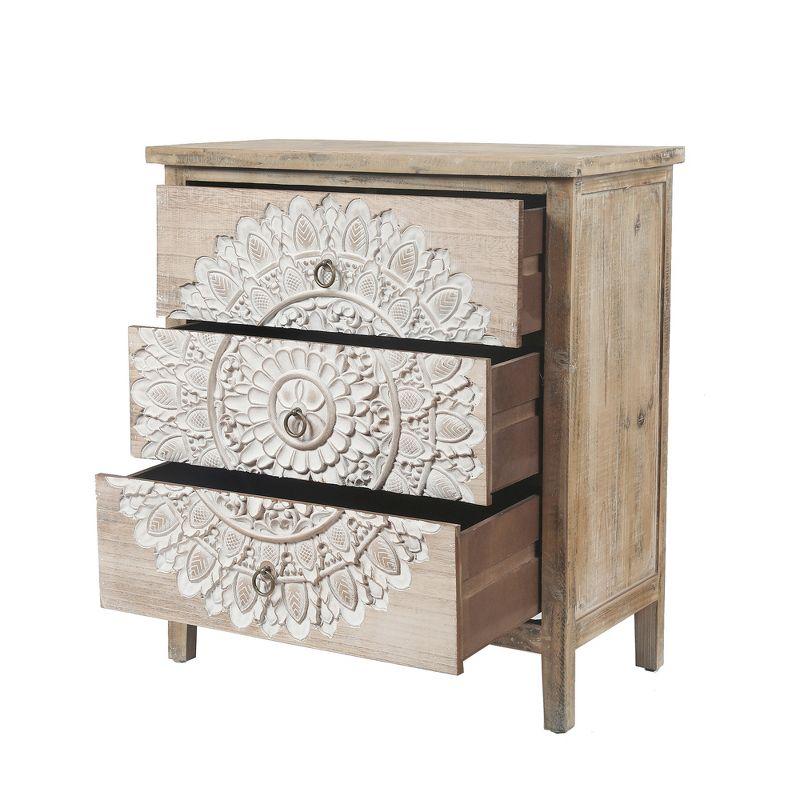 LuxenHome 3-Drawer 28.2" H x 25.2" W Natural Wood White Floral Accent Chest. Brown