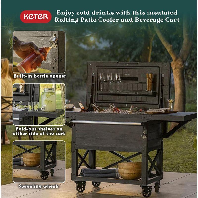 Keter Portable Outdoor Patio Cooler Ice Chest, Insulated Beverage Party Bar Cart Table with Swivel Wheels, Storage Shelves, and Bottle Opener, Gray