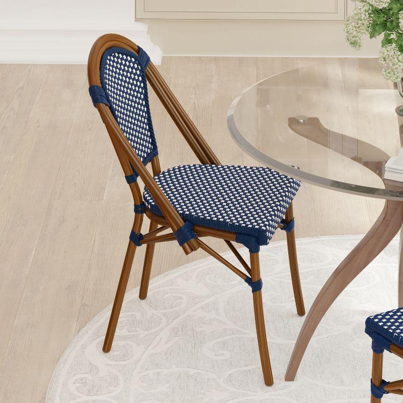Emma & Oliver Soie Set of Two Stacking Bistro Chairs with Navy and White PE Seat and Back and Bamboo Finished Aluminum Frame for Indoor/Outdoor Use