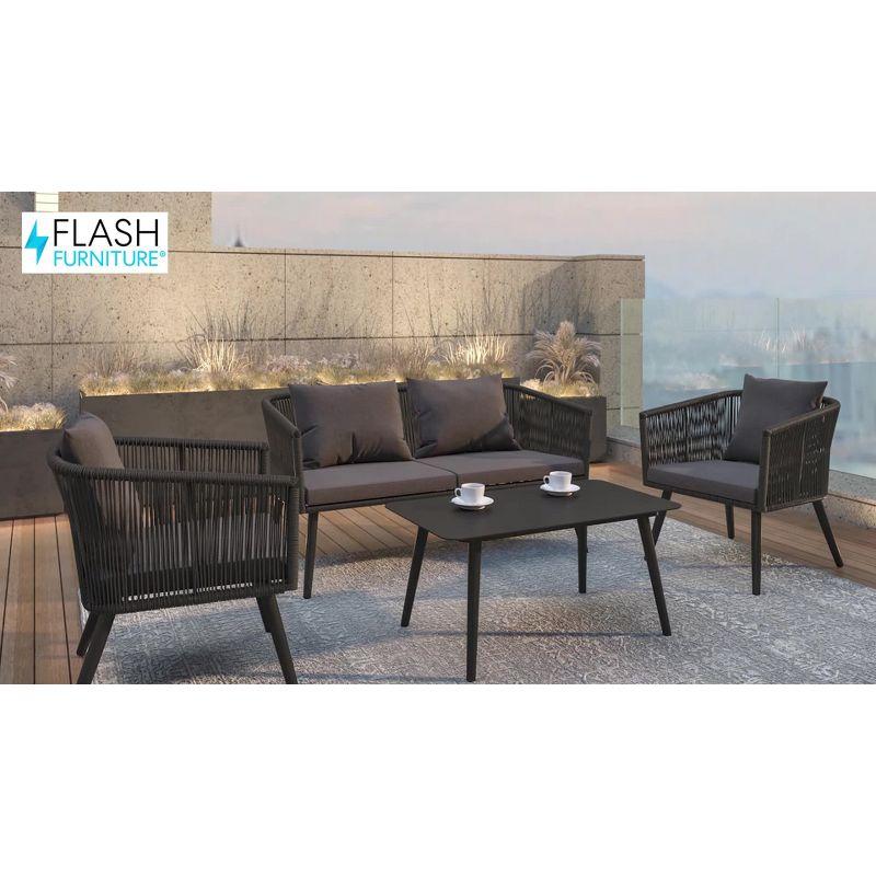 Flash Furniture Kierra Black All-Weather 4-Piece Woven Conversation Set with Gray Zippered Removable Cushions & Metal Coffee Table