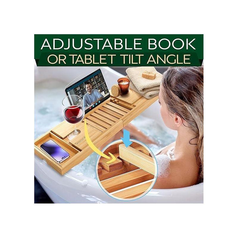 SereneLife Luxury Bamboo Bathtub Caddy - Adjustable Natural Wood with Glass Holder