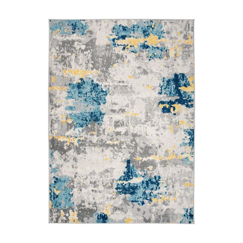 Cream and Blue Abstract Synthetic 5' x 7' Area Rug