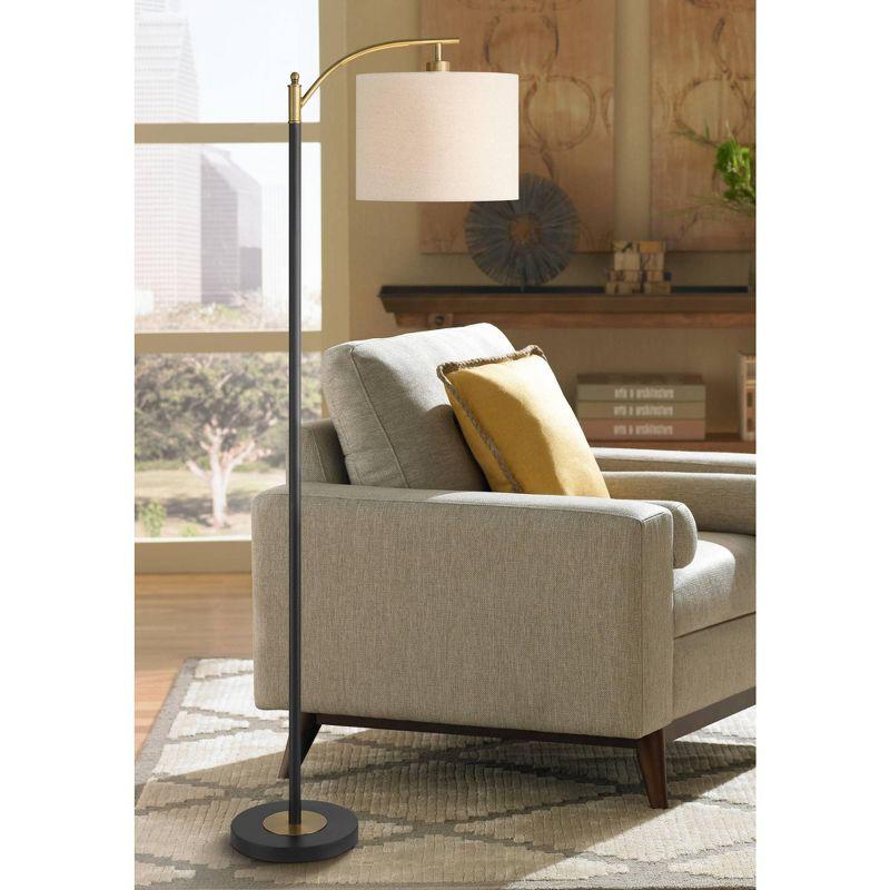 360 Lighting Rayna Mid Century Modern Downbridge Floor Lamp 61 1/2" Tall Black Gold Metal Off White Linen Drum Shade for Living Room Reading Bedroom