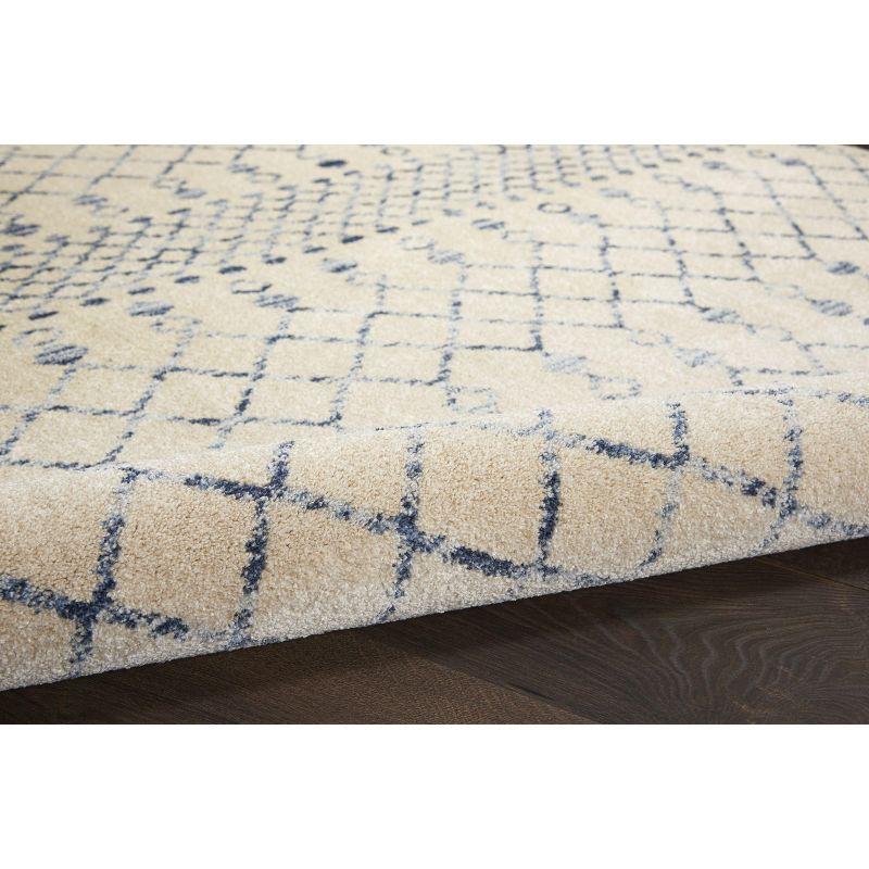 Beige Blue Geometric Hand-knotted Synthetic Rug, 5' x 7'