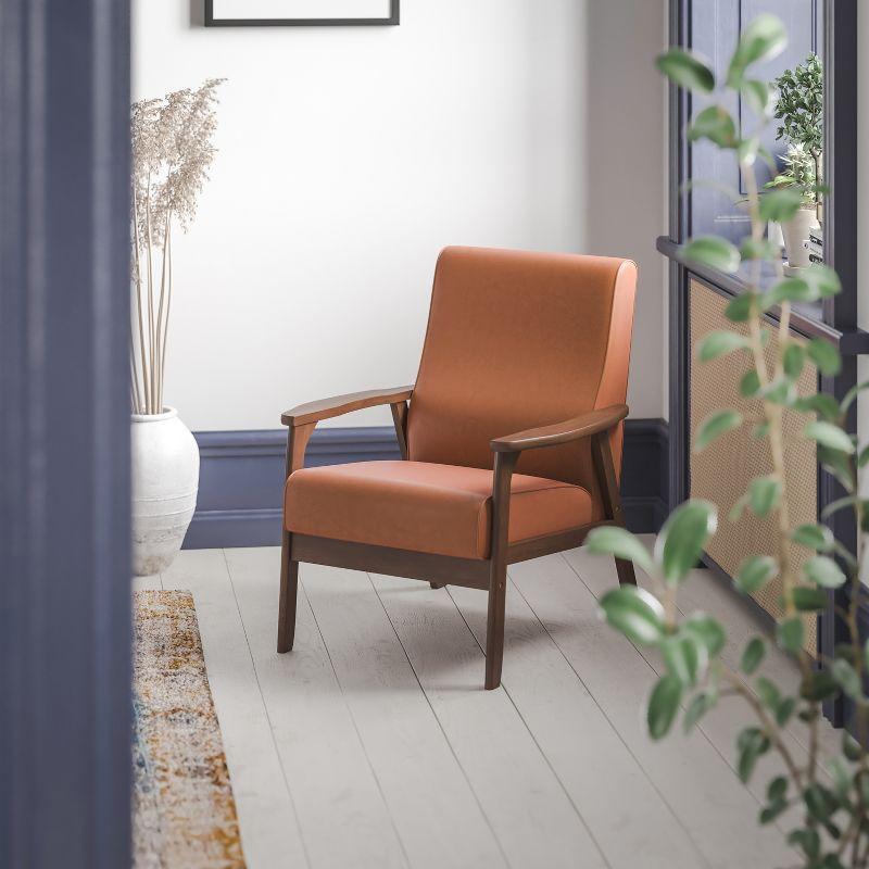 Flash Furniture Langston Commercial Grade LeatherSoft Upholstered Mid Century Modern Arm Chair with Walnut Finished Wooden Frame and Arms in Cognac
