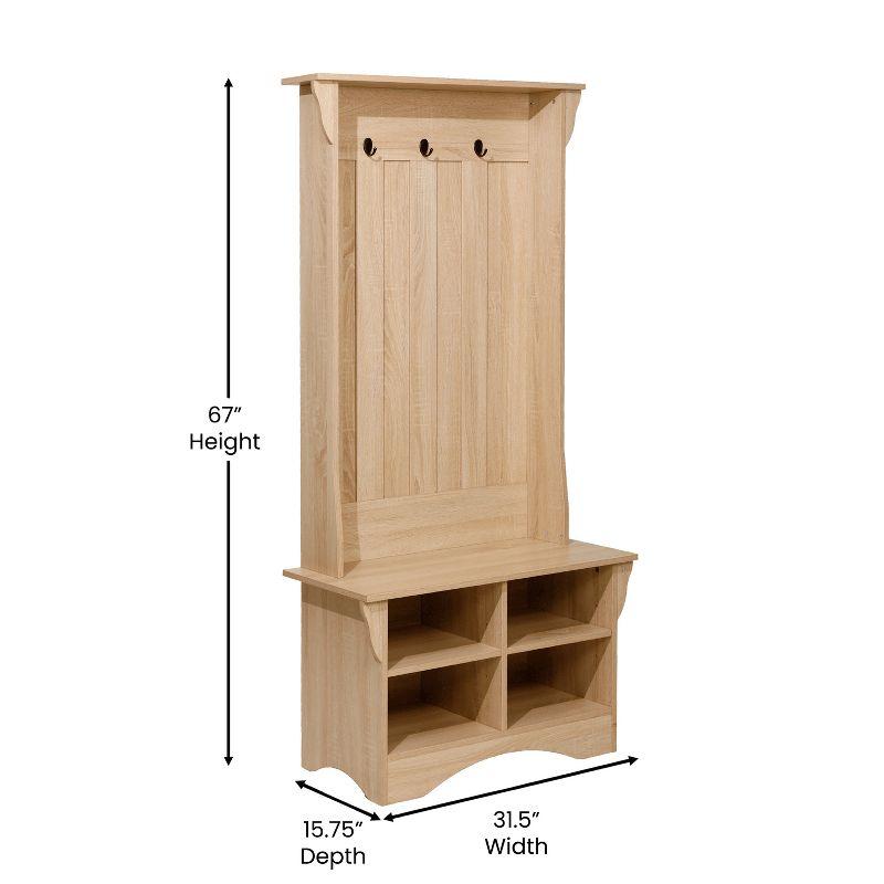 Merrick Lane Hallway Tree with Bench Seating, 3 Single Coat Hooks and Lower Storage with Adjustable Shelves in Weathered Wood
