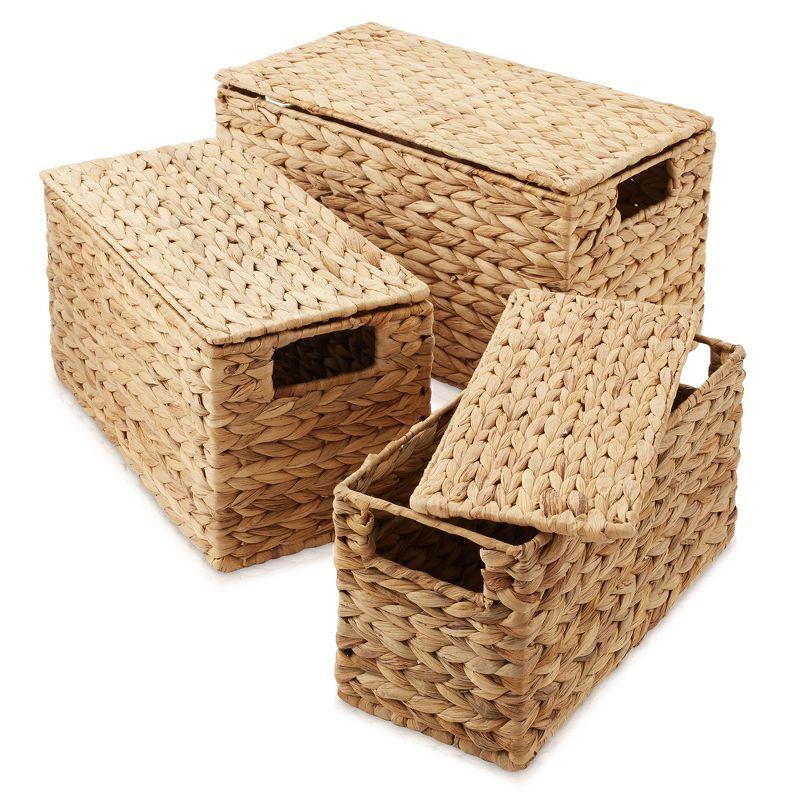 Casafield Set of 3 Water Hyacinth Storage Baskets with Lids - Small, Medium, Large - Decorative Bins for Bathroom, Closets, Laundry, Shelves