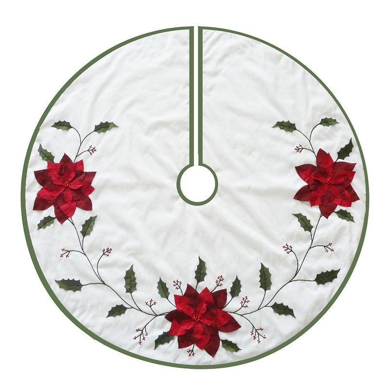 Ivory Christmas Tree Skirt with Poinsettias and Holly Leaves, 54-Inch