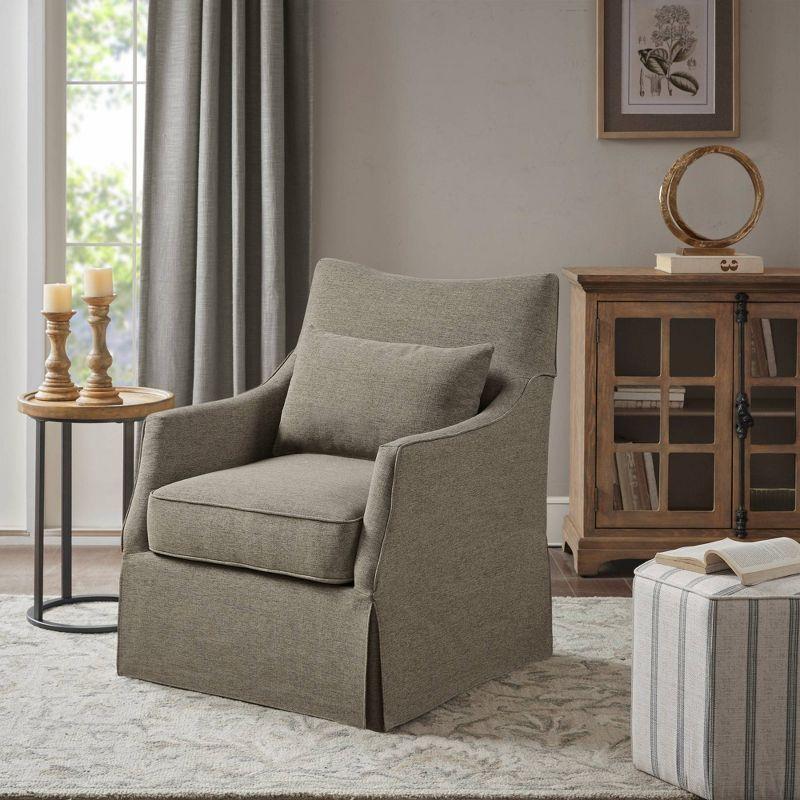 Tan Skirted Swivel Accent Chair with Recessed Arms