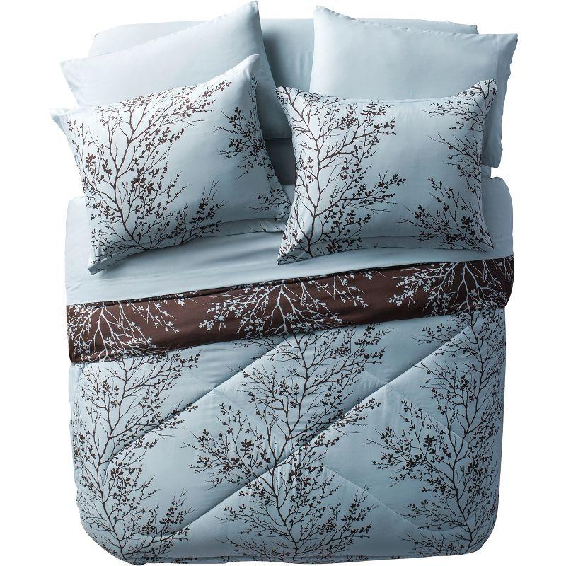 Queen Blue and Chocolate Floral Microfiber Bed in a Bag Set