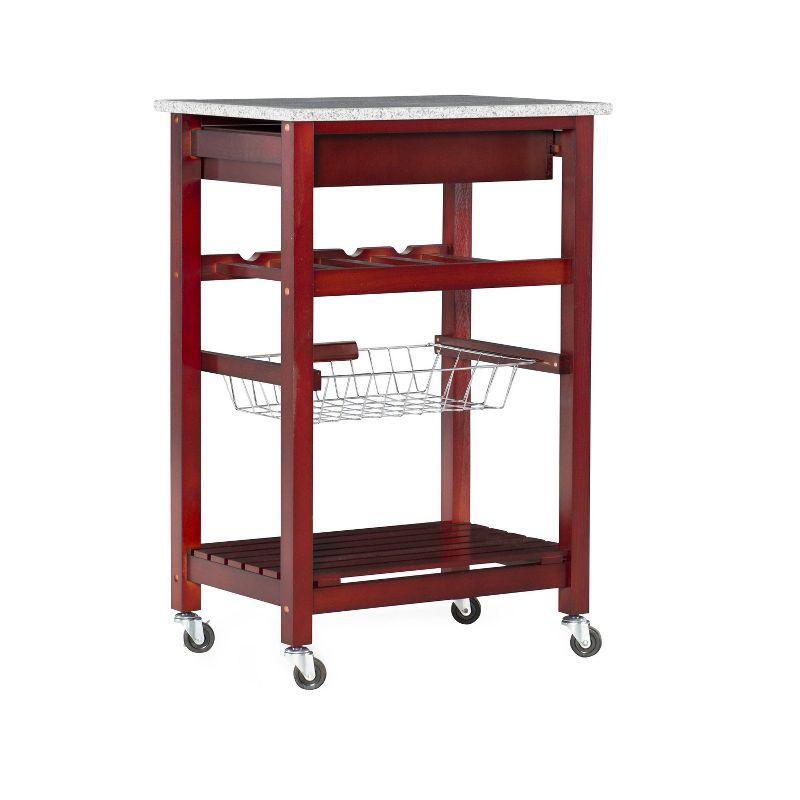 Small Red Pine Kitchen Cart with Granite Top and Wine Rack