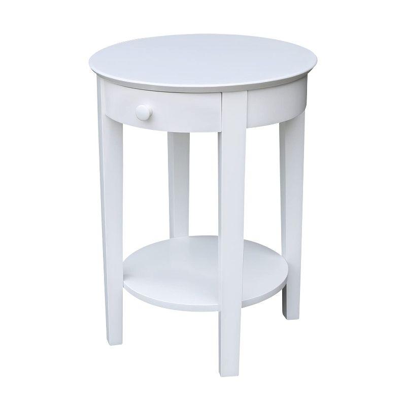 Elegant Round White Parawood Accent Table with Drawer and Shelf