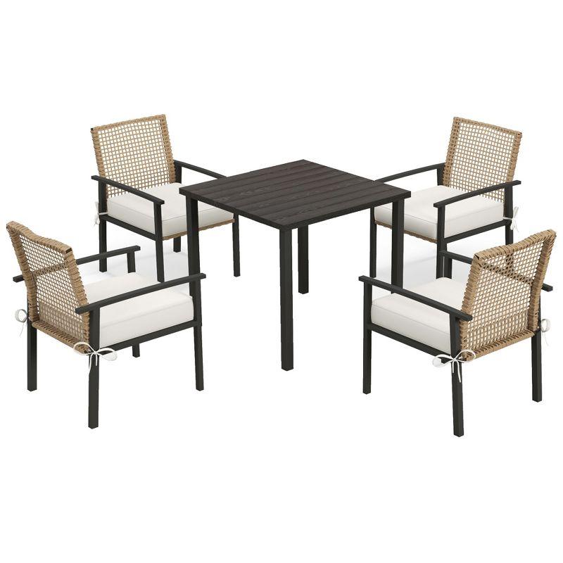 Outsunny 5 Piece Indoor Outdoor Wicker Dining Set, Patio Furniture Metal Table and Chairs with Soft Cushions, Beige