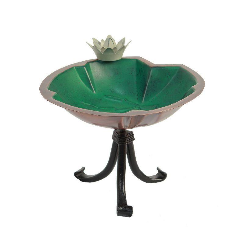 15" Green and Copper Metal Lily Pad Birdbath with Iron Stand