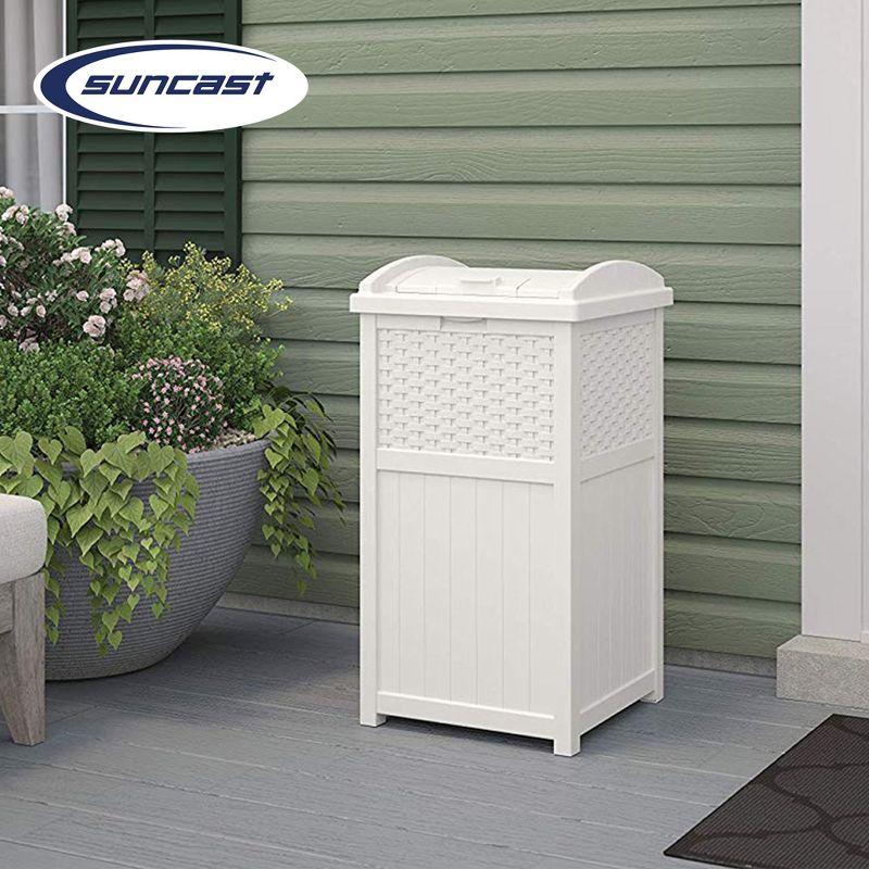 Suncast Wicker Resin Outdoor Hideaway Trash Can Bin with Latching Lid for Use in Backyard, Deck, or Patio, White (2 Pack)