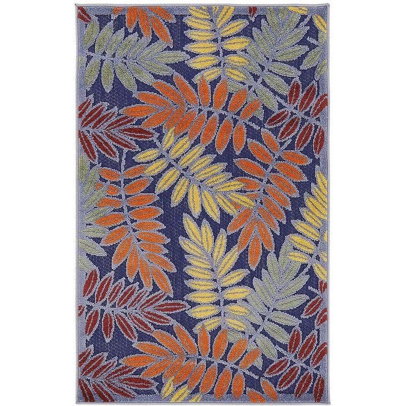 Navy Multicolor Floral Leaf Outdoor Rug 2'8" x 4'