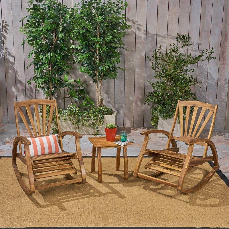 Sunview 3pc Acacia Wood Recliner Rocking Chair Set - Teak - Christopher Knight Home: Weather-Resistant Patio Set