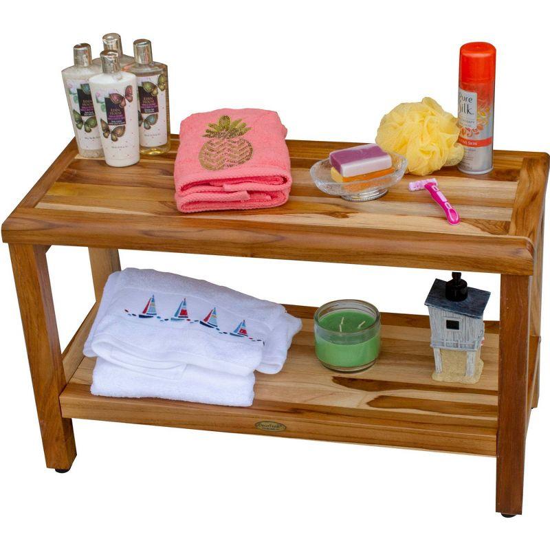 30" Eleganto ED1000 Wide Teak Shower Bench with Shelf - EcoDecors: Bathroom Stool, Rectangular, Water Resistant