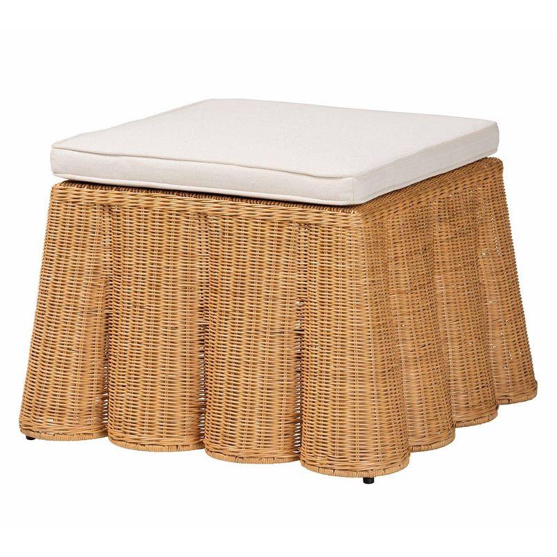 bali & pari Palm Scallop Rattan Ottoman Honey: Square Upholstered, No Assembly, Polyester, Plywood