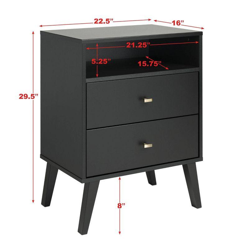 Mid Century Modern 2 Drawer Tall Nightstand with Shelf Black - Prepac: Brushed Brass Knobs, Wood Legs