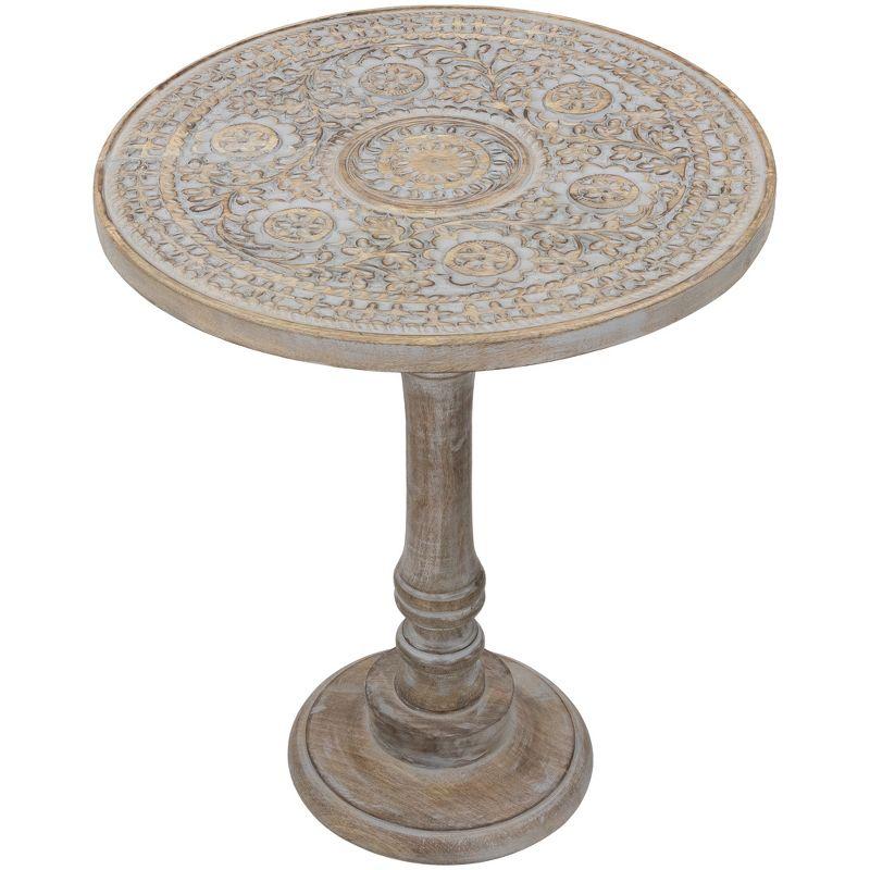 21" Natural Wood Floral Carved Round Pedestal Side Table