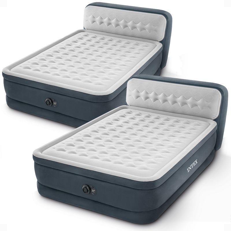Intex Dura-Beam 18-Inch Deluxe Queen Sized Air Mattress Comforting Bed with Built-In Electric Pump and Ultra Plush Supportive Headboard (2 Pack)