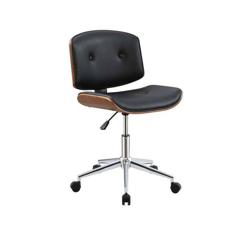 Black Faux Leather and Walnut Armless Task Chair with Metal Frame