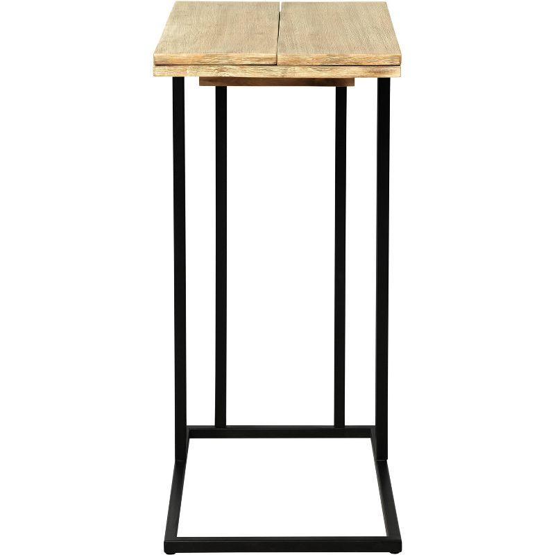 Expandable Natural Wood and Black Metal C-Shaped Side Table