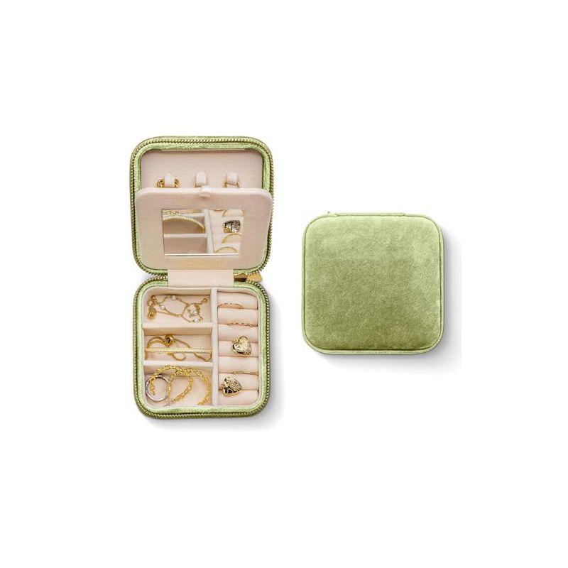 Benevolence LA Plush Velvet Square Travel Jewelry Box with Mirror- Mistletoe Green
