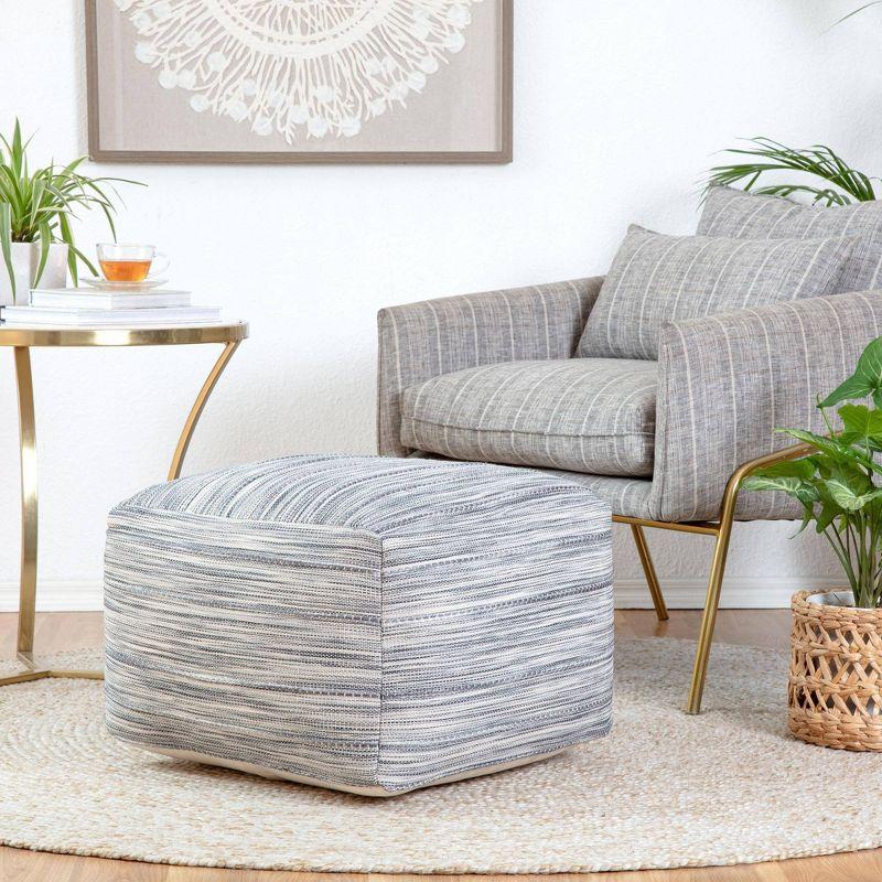 Gray and Blue Cotton Polyester Square Pouf Ottoman