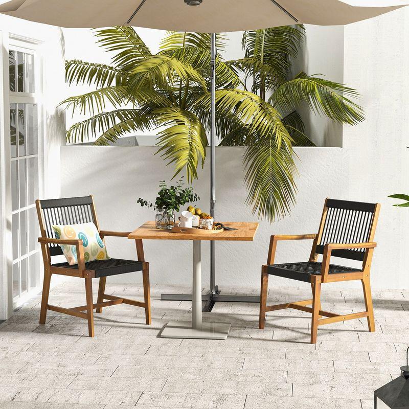 Costway Patio 2pcs Acacia Wood Dining Chairs All-Weather Rope Woven Armchairs Outdoor
