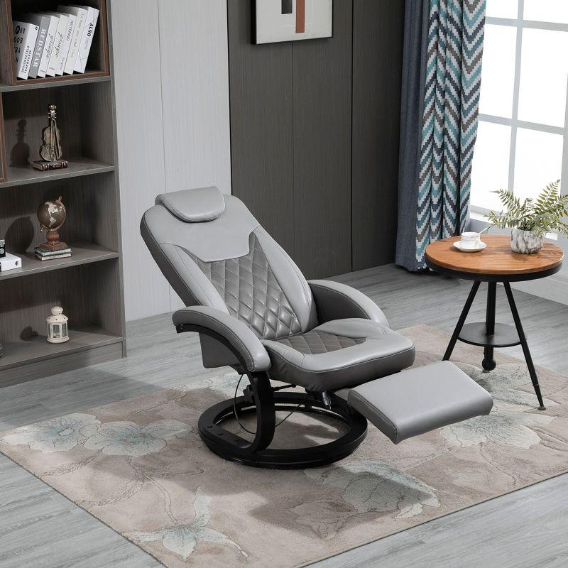 HOMCOM PU Recliner Reading Armchair with Footrest, Headrest and Round Steel/Wood Base for Living Room or Office, Gray