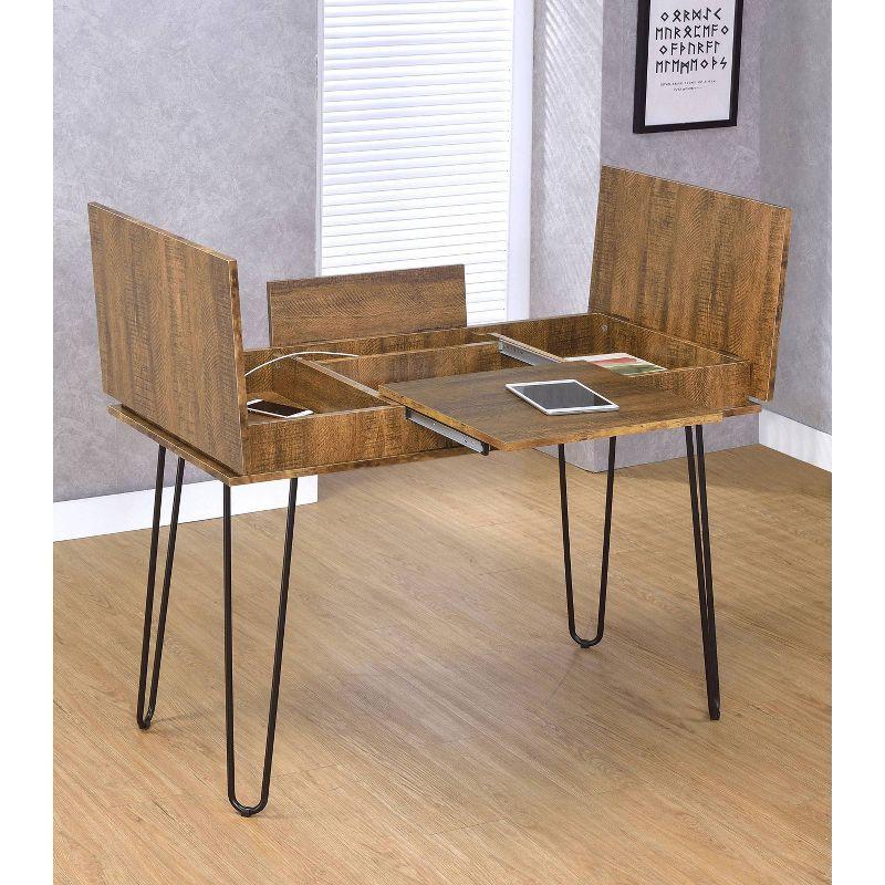 Rustic Amber Wood Writing Desk with Hairpin Legs and USB Ports