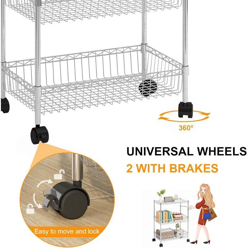 3 Tier Rolling Cart, Metal Kitchen Cart On Wheels with Baskets, Wire Shelving Storage Cart with Handles for Kitchen Bathroom Office Laundry, Chrome
