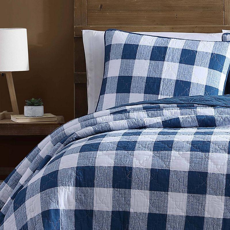 King Blue Cotton Reversible Quilt Set with Shams