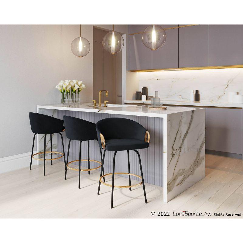Set of 2 Claire Upholstered Counter Height Barstools Black/Gold Accents - LumiSource: Velvet, Swivel, Steel Legs