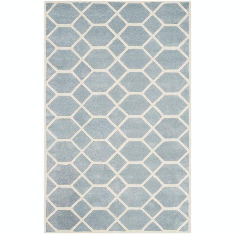 Blue and Ivory Geometric Hand-Tufted Wool Area Rug, 6' x 9'